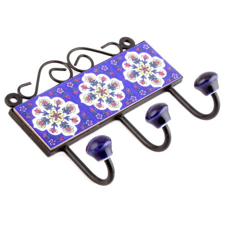 Navy Blue And White Floral Tiles Hooks